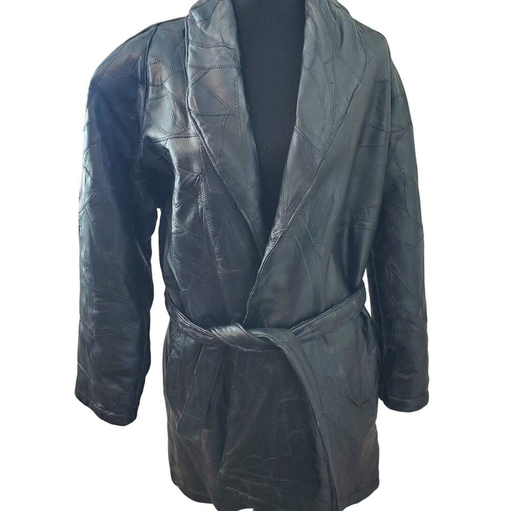 Italian Stone Design Patchwork Genuine Leather Coat Jacket Long Trench